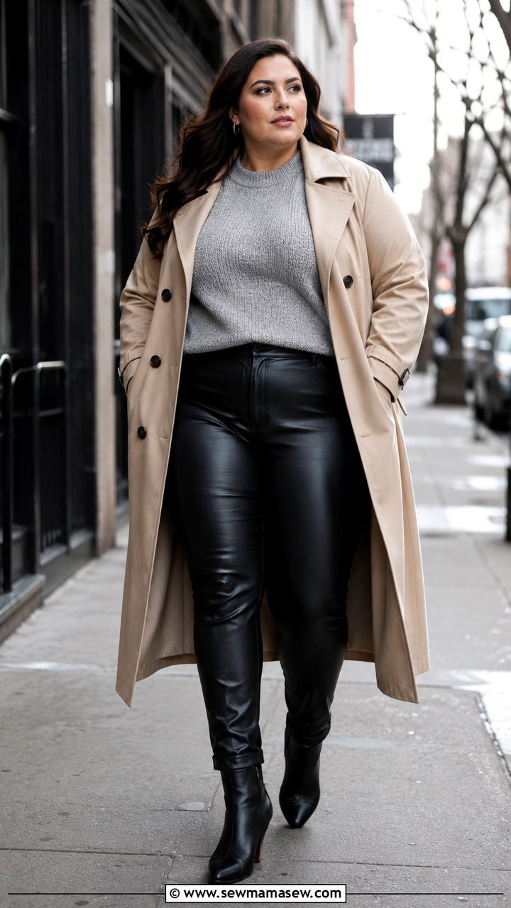 Plus Size Leather Pants With Trench Coat And Heeled Booties - 30 Plus size outfit ideas with leather pants