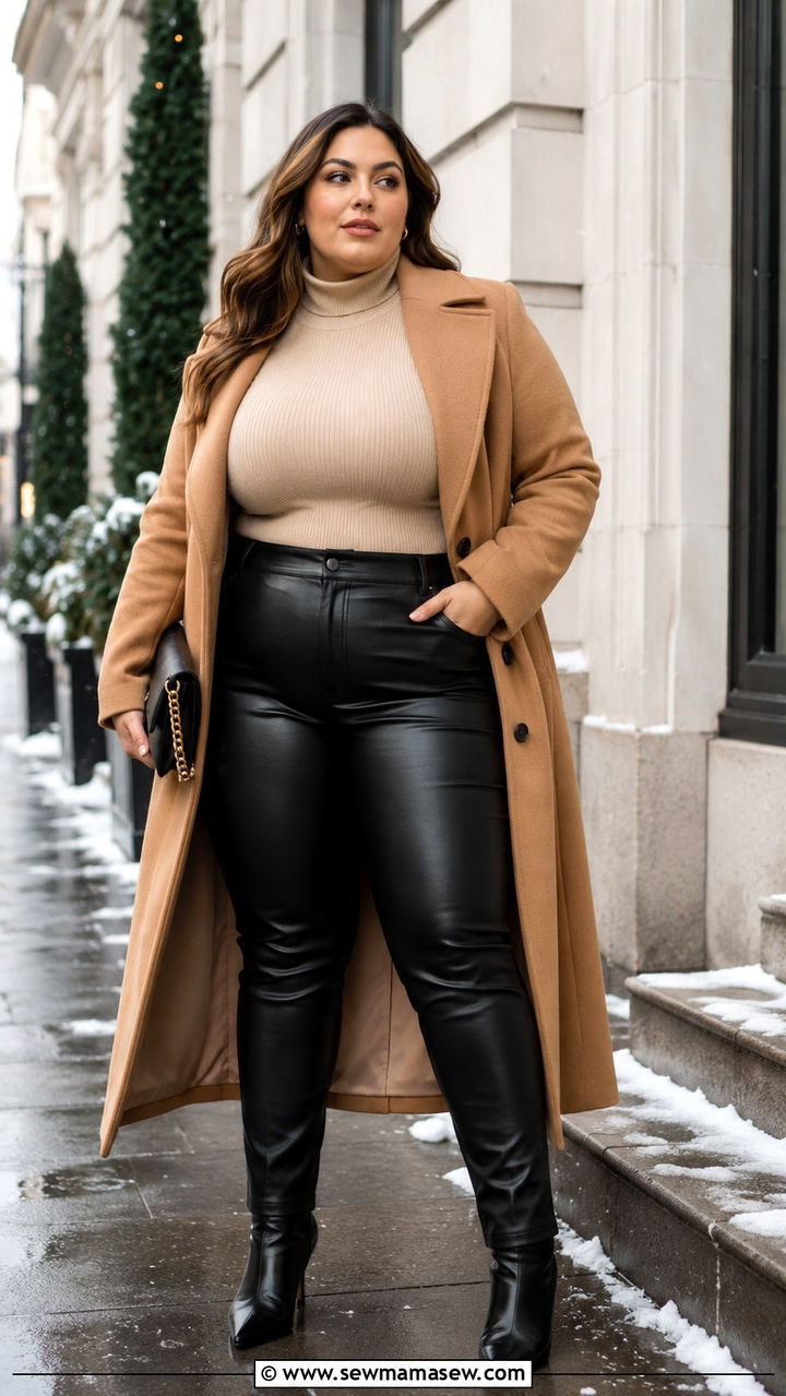 Plus Size Leather Pants With Turtleneck And Long Wool Coat - 30 Plus size outfit ideas with leather pants