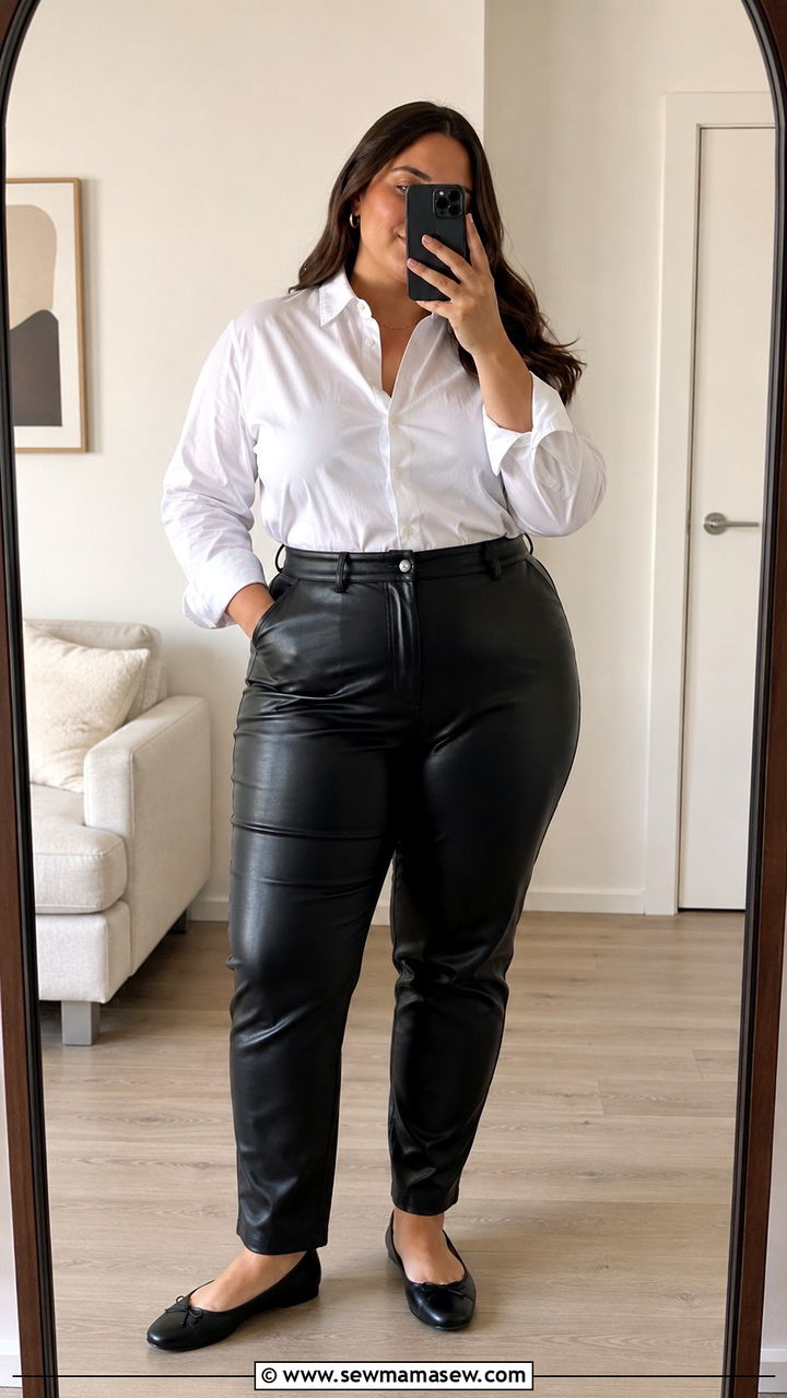 Plus Size Leather Pants With White Button Down Shirt And Flats - 30 Plus size outfit ideas with leather pants