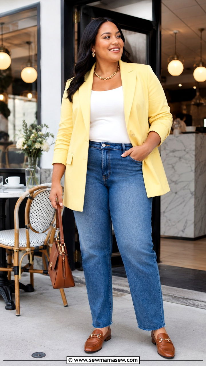 Plus Size Lemon Blazer With Straight Blue Jeans - 30 Plus size outfit ideas for brunch