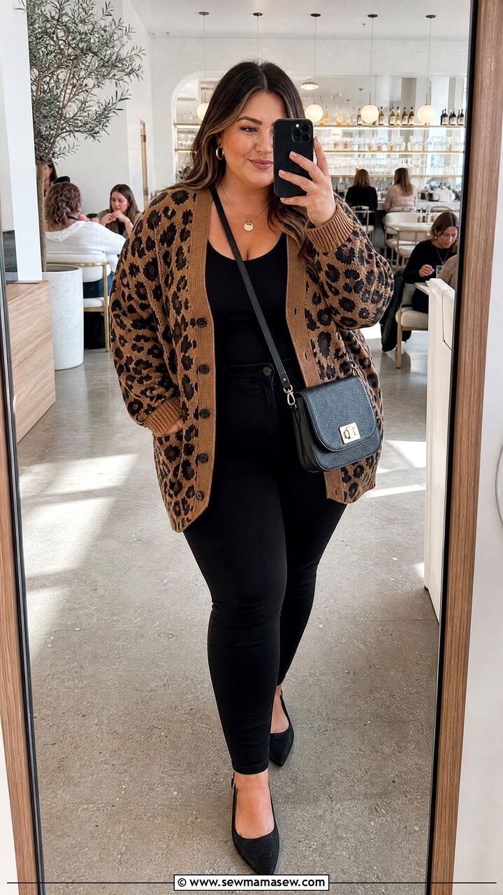Plus Size Leopard Print Cardigan With Black Jeans - 30 Plus size outfit ideas for brunch