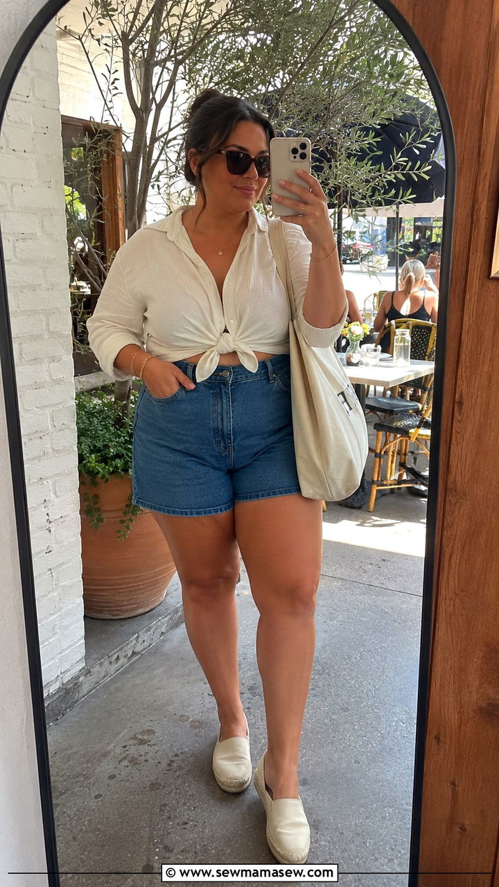 Plus Size Linen Shirt With High Waisted Denim Shorts - 30 Plus size outfit ideas for brunch