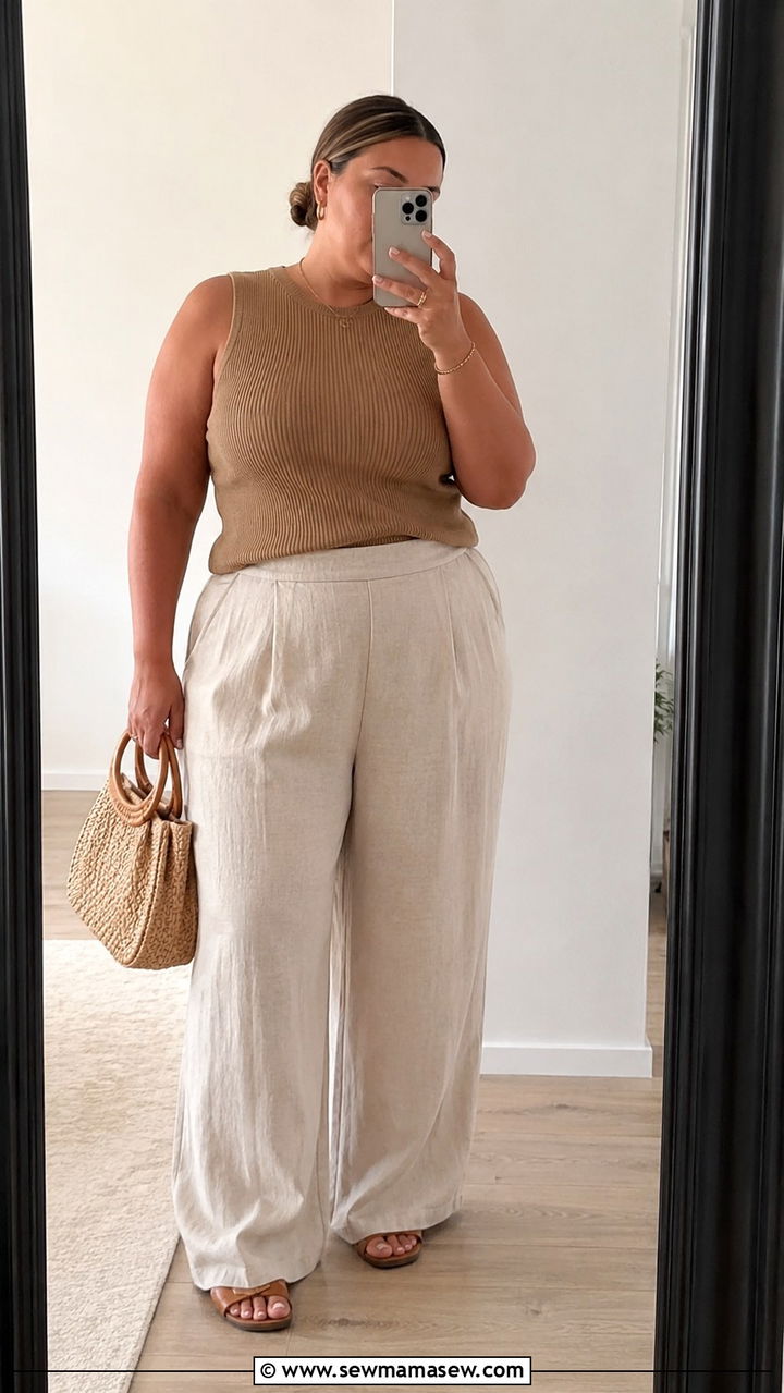 Plus Size Linen Trousers With Sleeveless Knit Top Outfit - 30 transitional plus size outfit ideas