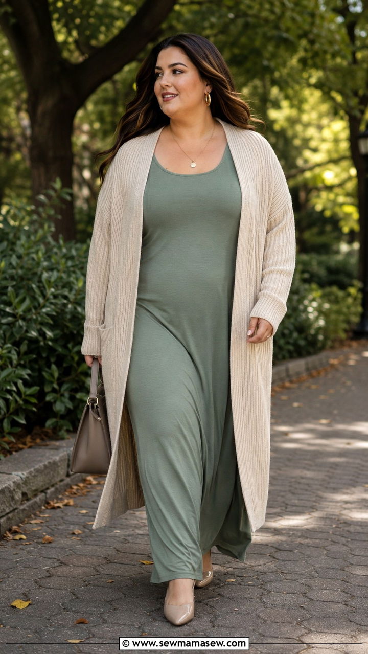 Plus Size Long Cardigan with Maxi Dress - 30 Plus size modest outfit ideas