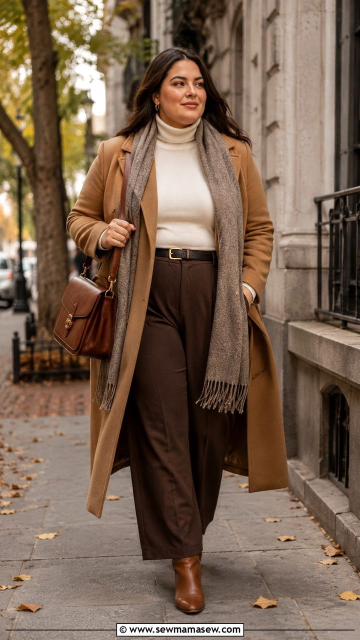 Plus Size Longline Camel Coat with Turtleneck - 30 Plus size modest outfit ideas
