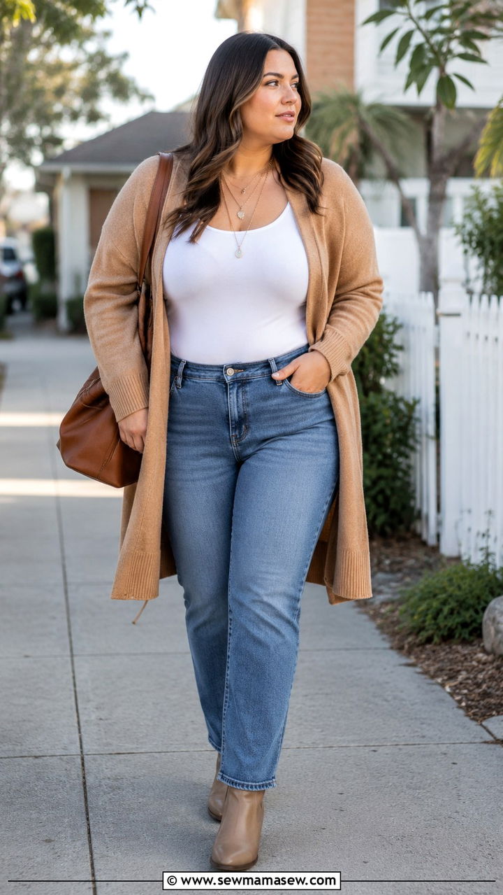 Plus Size Longline Cardigan and Straight Leg Jeans - 30 Minimalist outfits plus size