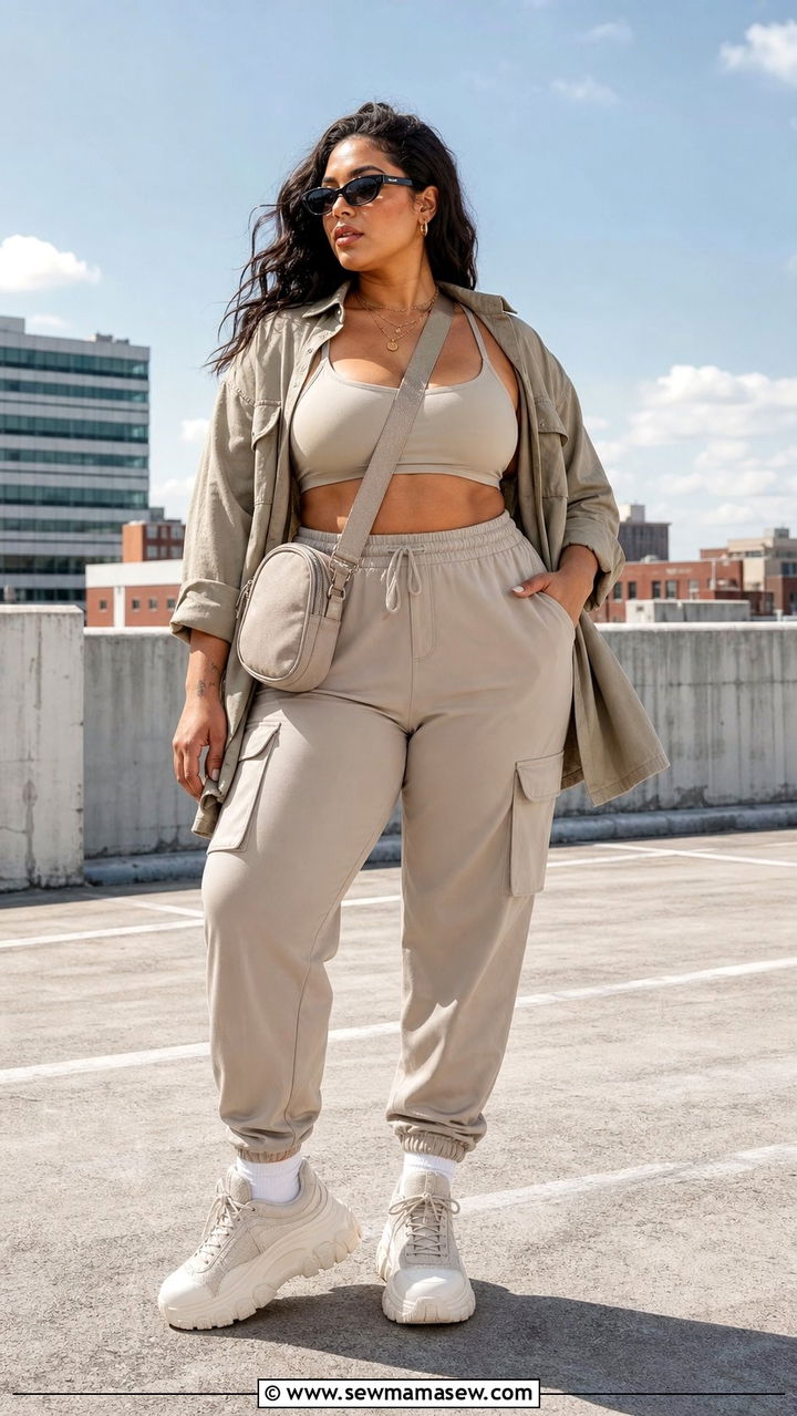 Plus Size Longline Sports Bra and Cargo Joggers - 25 Sporty chic outfit ideas plus size