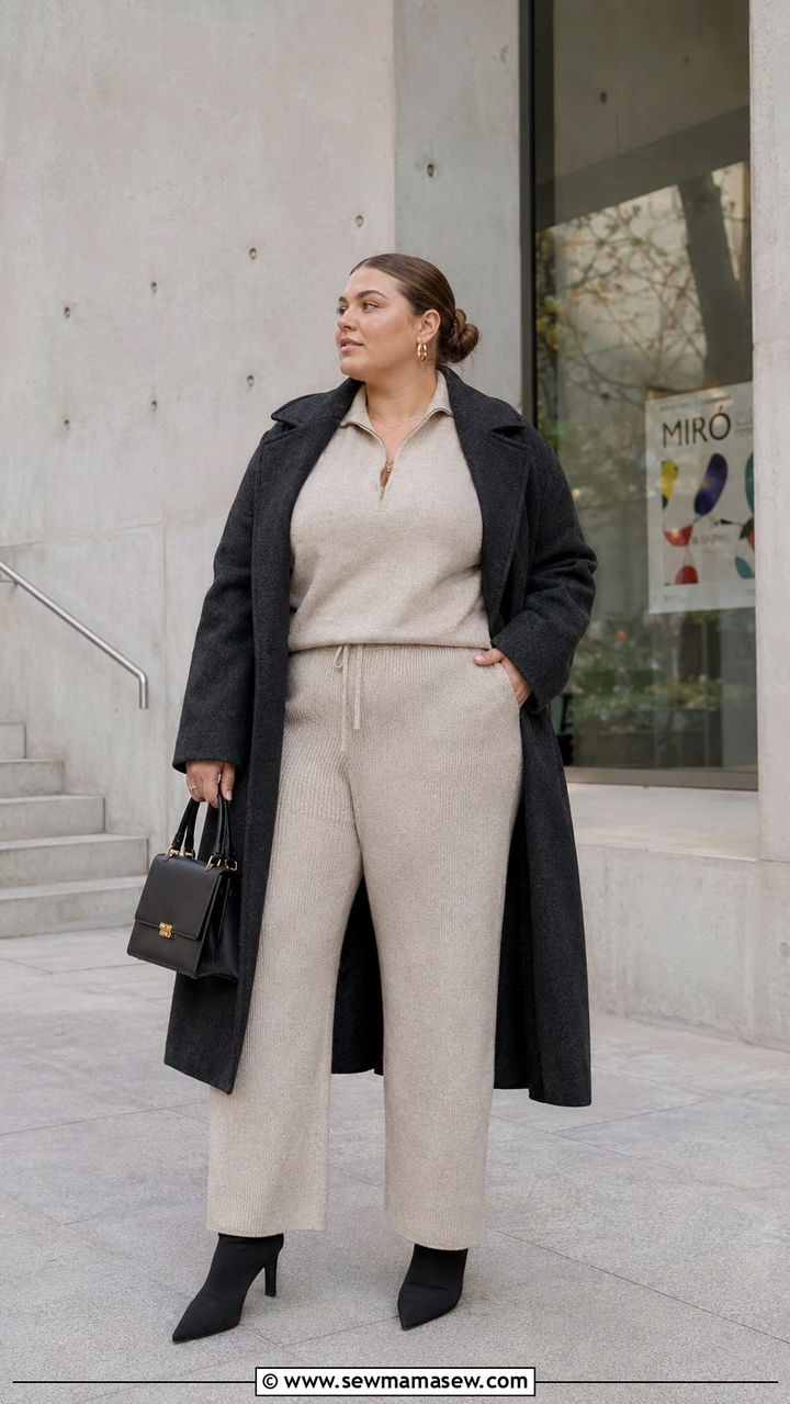 Plus Size Matching Knit Set With Long Coat Outfit - 30 transitional plus size outfit ideas