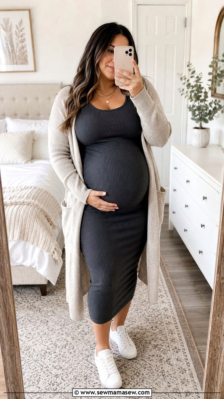 Plus Size Maternity Bodycon Dress with Long Cardigan - 25 Plus size maternity outfit ideas