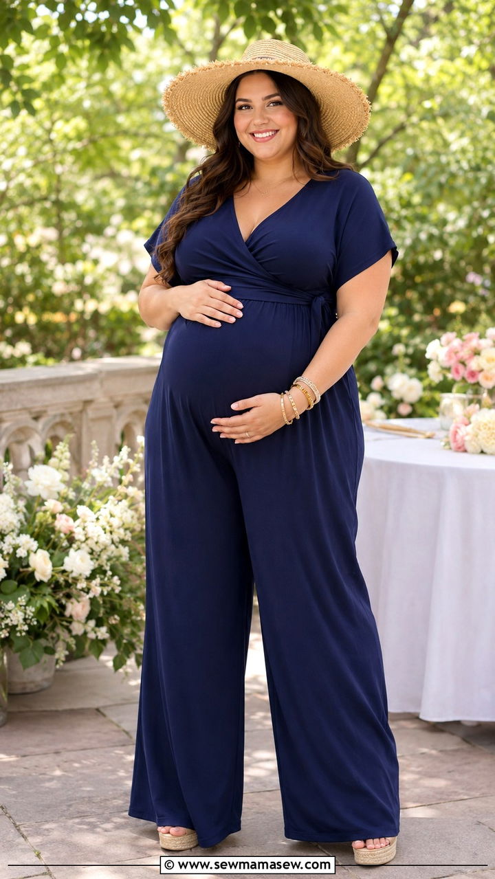 Plus Size Maternity Jumpsuit with Wedge Sandals - 25 Plus size maternity outfit ideas