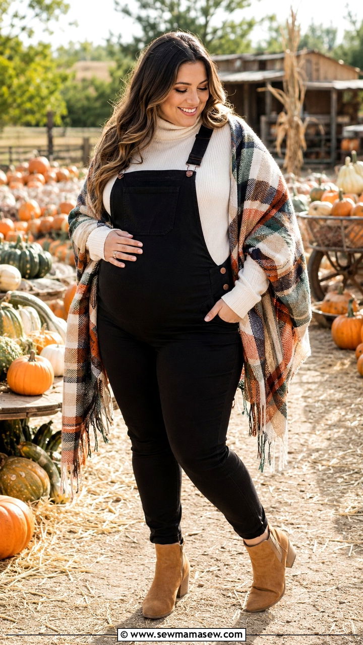 Plus Size Maternity Overalls with Turtleneck Top - 25 Plus size maternity outfit ideas