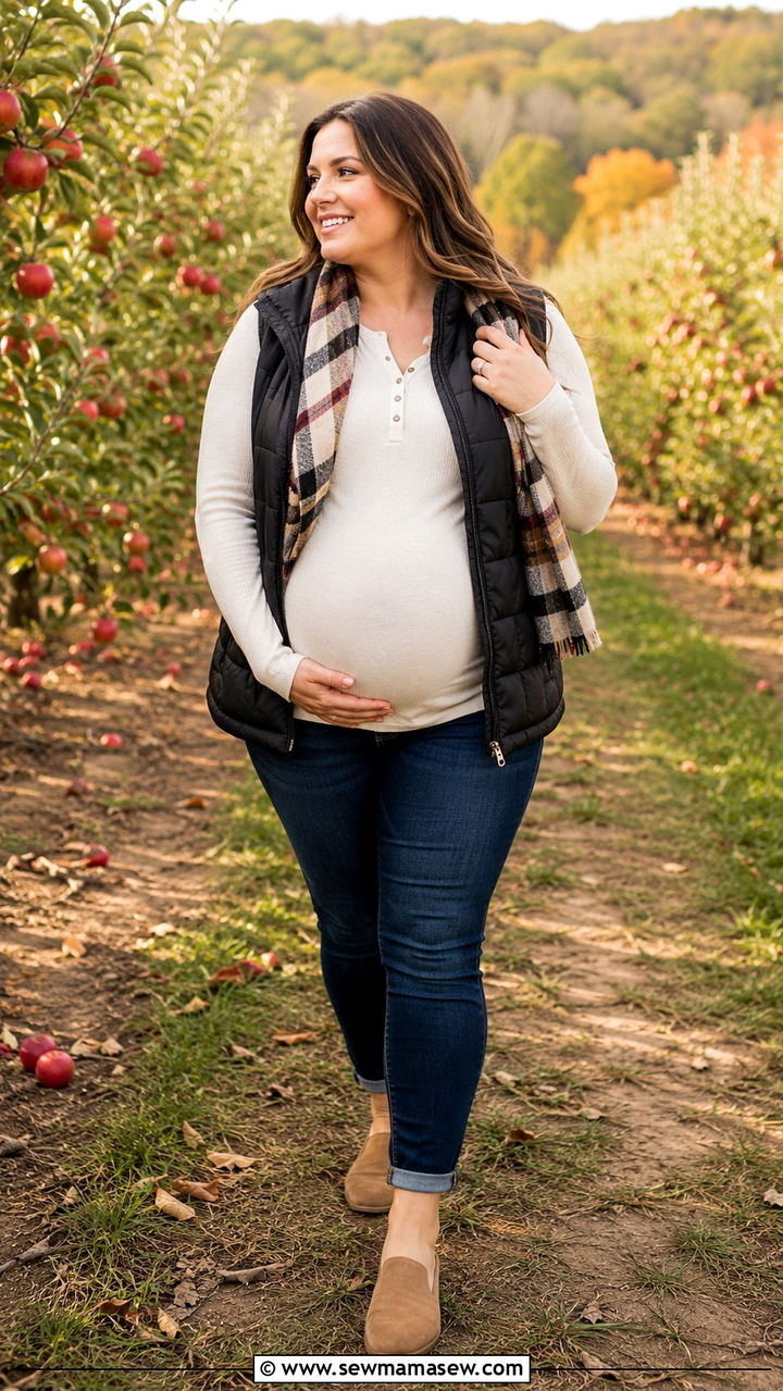 Plus Size Maternity Puffer Vest with Henley Top - 25 Plus size maternity outfit ideas
