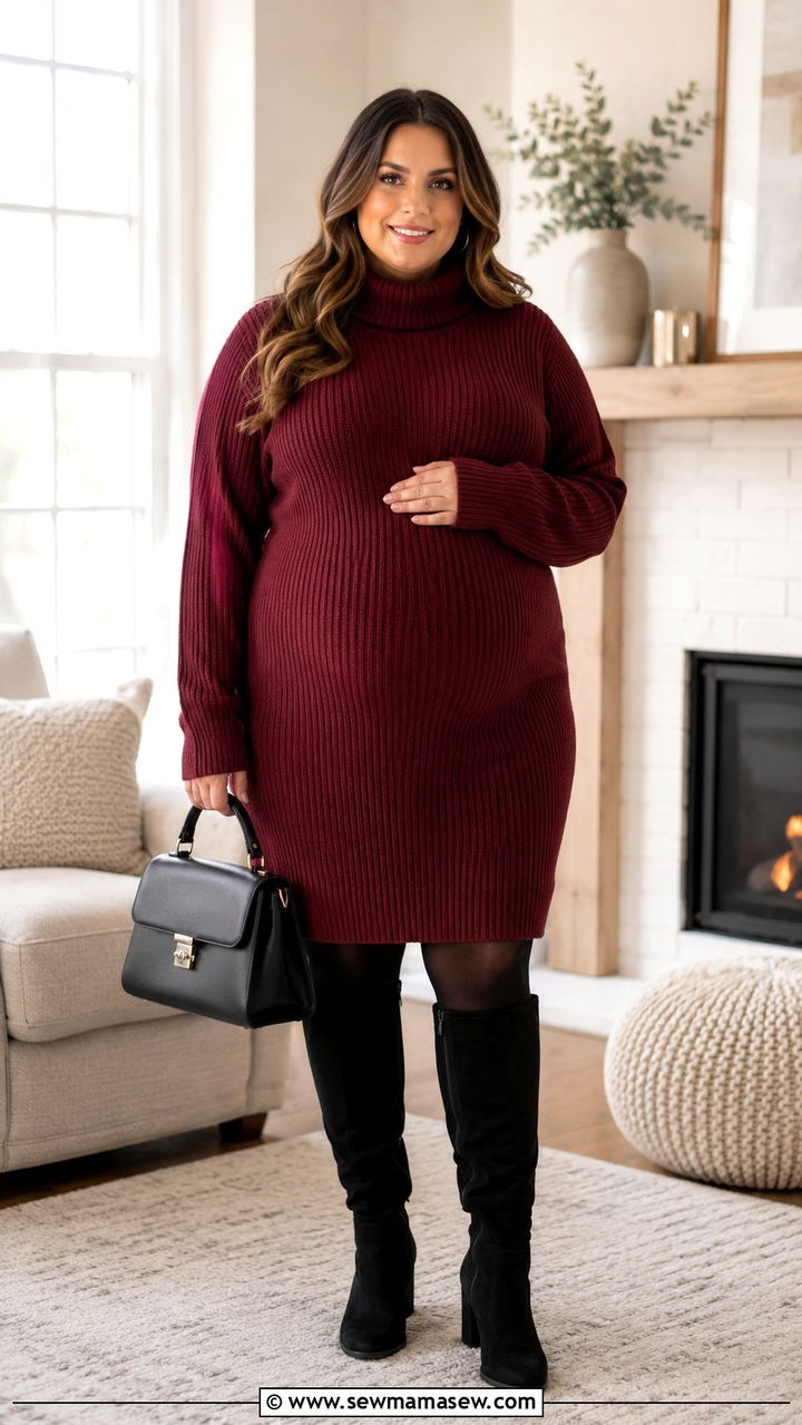 Plus Size Maternity Sweater Dress with Knee High Boots - 25 Plus size maternity outfit ideas