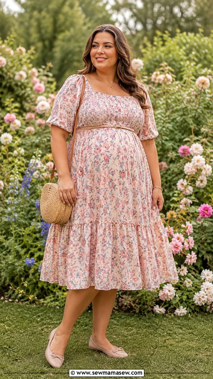 Plus Size Maternity Tiered Dress with Ballet Flats - 25 Plus size maternity outfit ideas