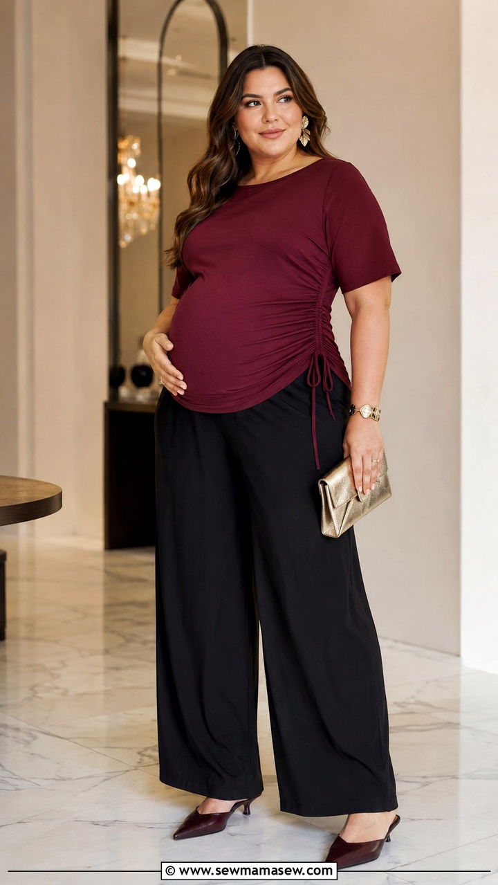 Plus Size Maternity Wide Leg Trousers with Ruched Top - 25 Plus size maternity outfit ideas