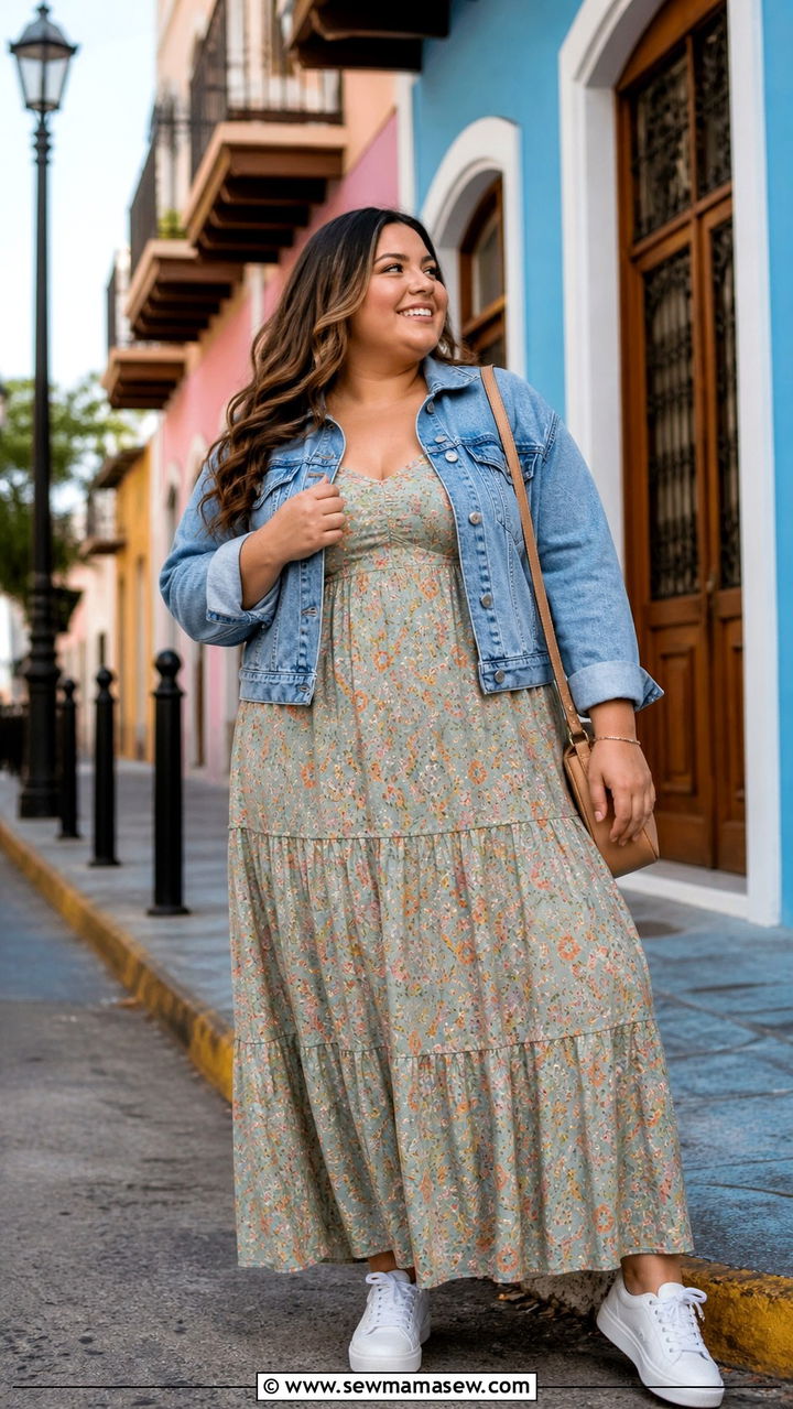 Plus Size Maxi Dress Outfit With Denim Jacket And Sneakers - 40 maxi dress outfit ideas