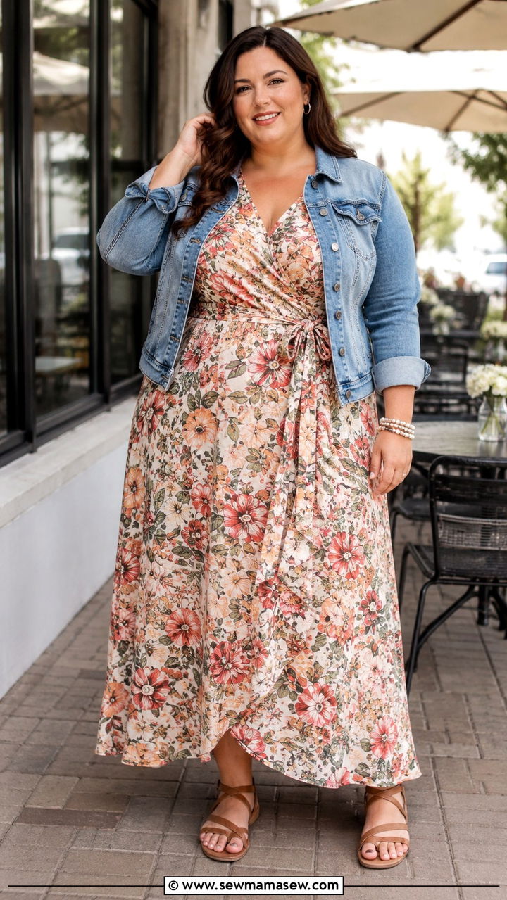 Plus Size Maxi Dress With Denim Jacket And Comfort Sandals - 30 Maxi dress with a denim jacket outfit ideas
