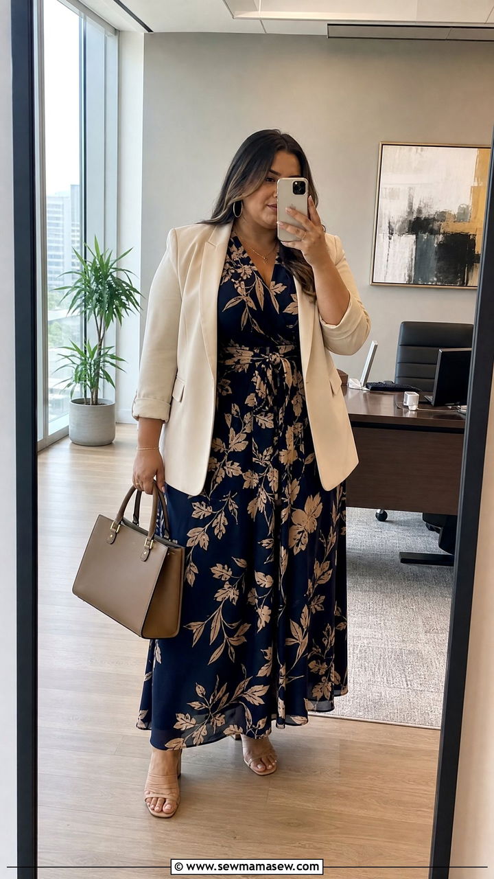 Plus Size Maxi Dress With Tailored Blazer And Heeled Sandals - 30 Maxi dress outfit ideas with a blazer