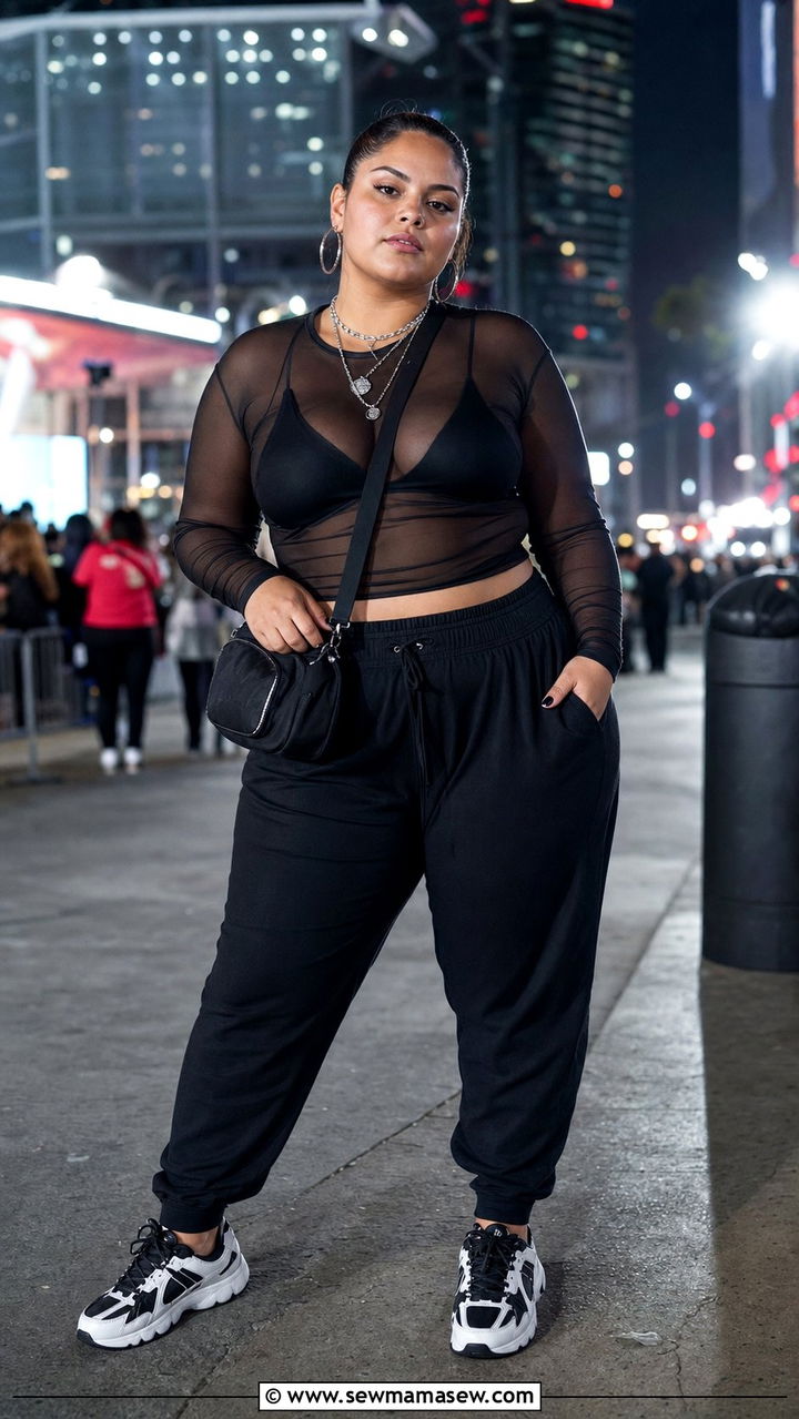 Plus Size Mesh Top Layered Over Sports Bra With Joggers - 25 Sporty chic outfit ideas plus size