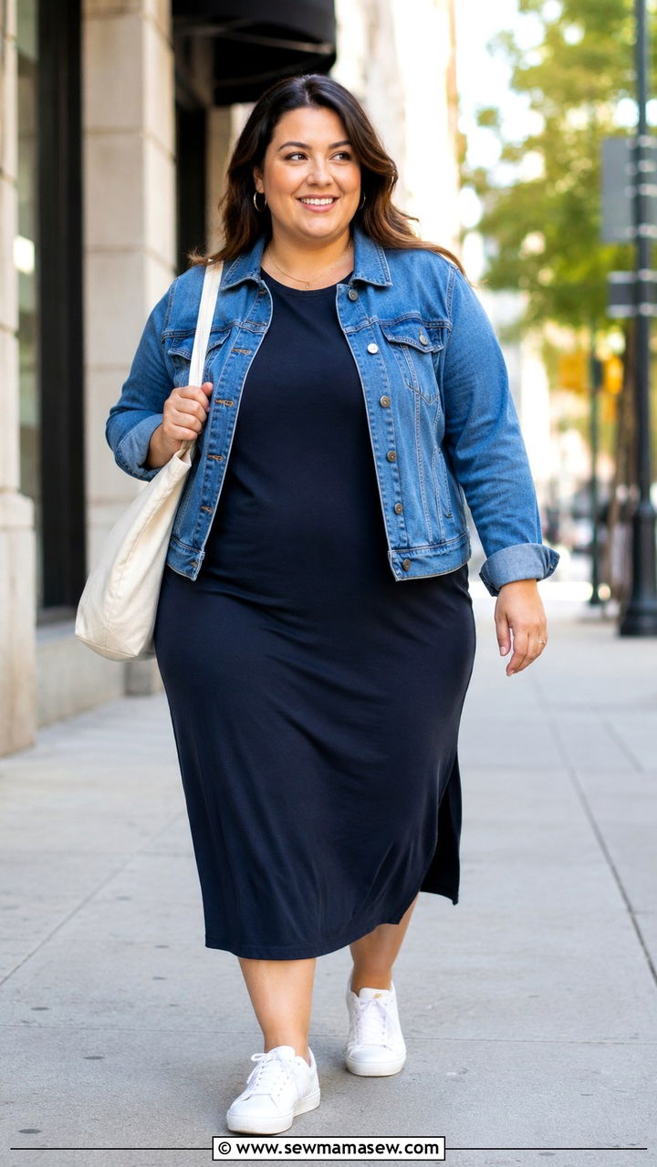 Plus Size Midi Dress With Denim Jacket - 25 Midi dress plus size outfit ideas