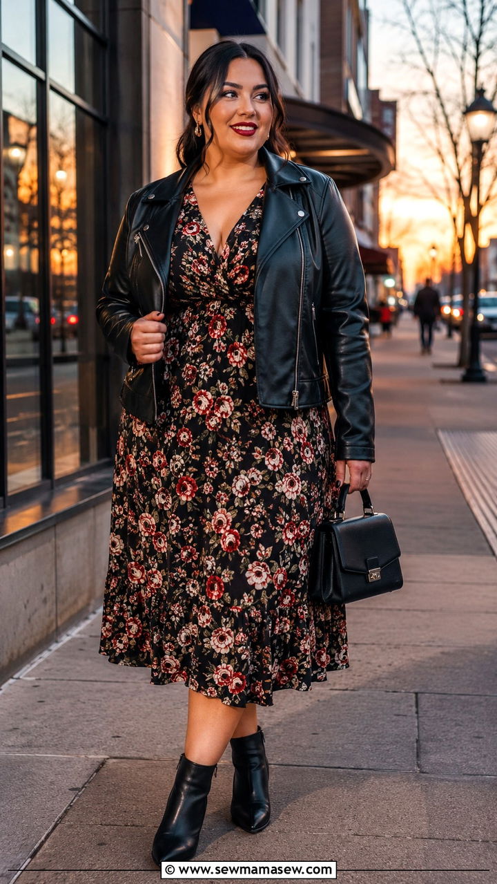 Plus Size Midi Dress With Leather Jacket And Ankle Boots - 25 Midi dress plus size outfit ideas