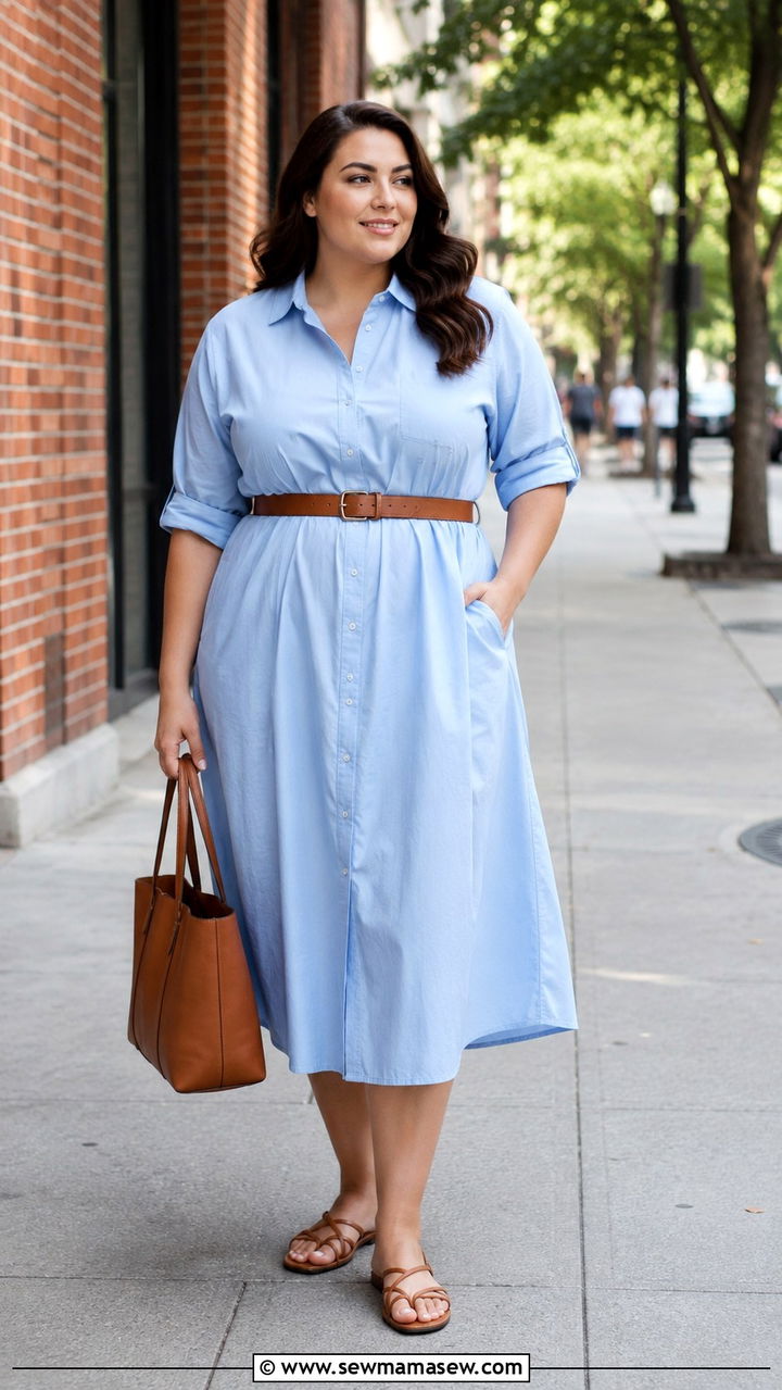 Plus Size Midi Shirt Dress With Belt And Sandals - 25 Midi dress plus size outfit ideas