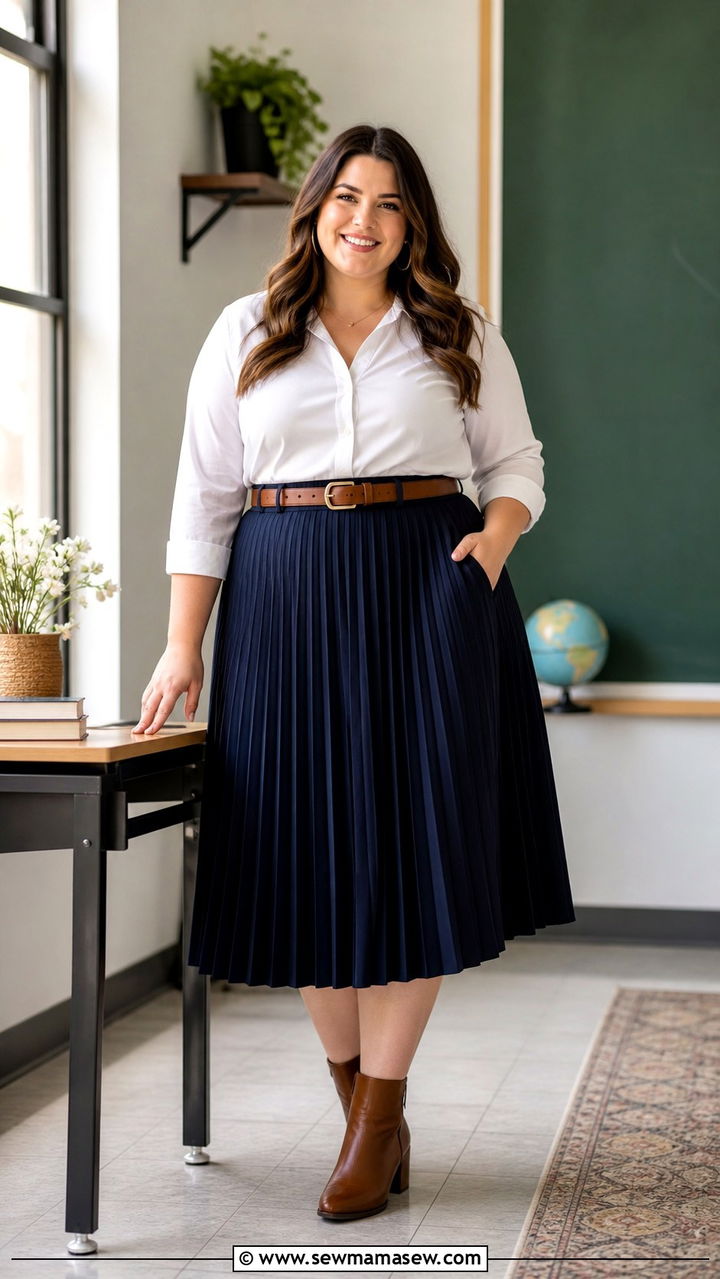 Plus Size Midi Skirt With Tucked Blouse Outfit - 40 Spring teacher outfits
