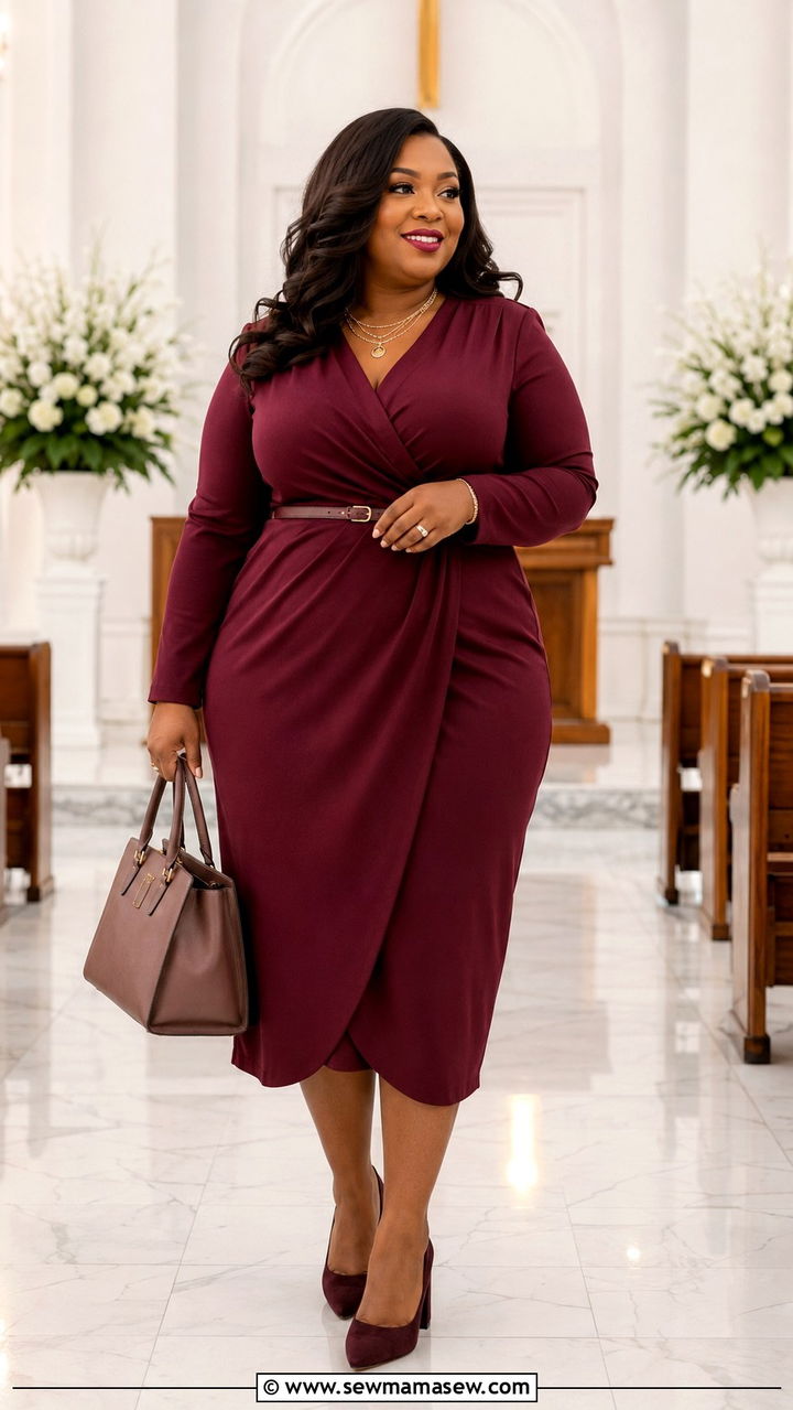 Plus Size Midi Wrap Dress with Belted Waist - 30 Plus size modest outfit ideas