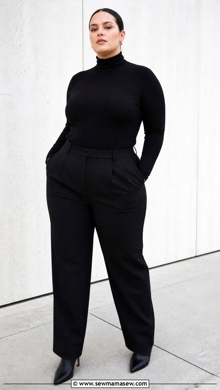 Plus Size Minimalist Outfit with Black Turtleneck and Tailored Trousers - 40 Plus size outfit ideas