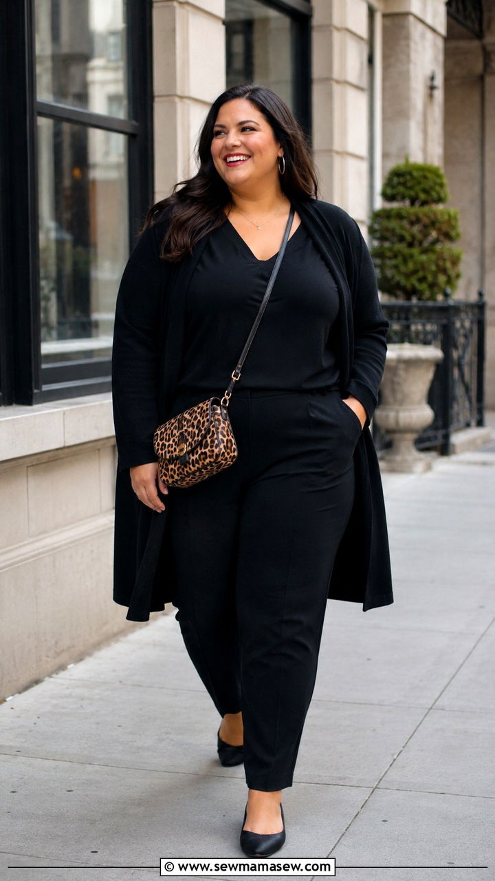 Plus Size Monochromatic Black Outfit with Long Cardigan - 20 Outfit ideas to hide belly fat plus size