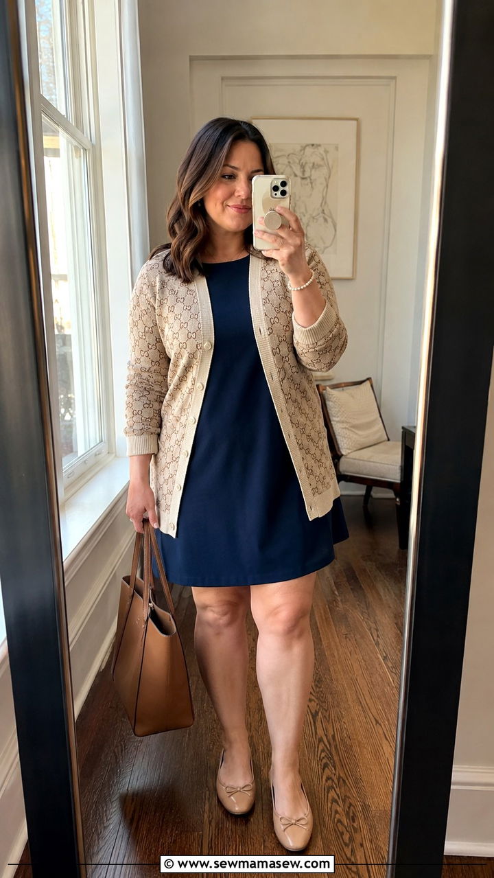 Plus Size Monogrammed Cardigan With Shift Dress - 25 Preppy outfits plus size