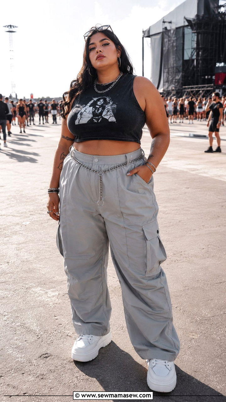 Plus Size Muscle Tank and Parachute Cargo Pants Outfit - 30 plus size summer concert outfit ideas