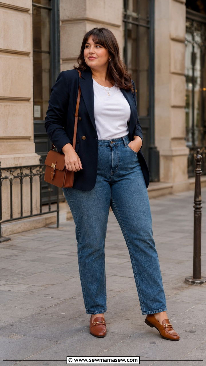 Plus Size Navy Blazer with White Tee and Straight Leg Jeans - 30 Parisian outfits plus size