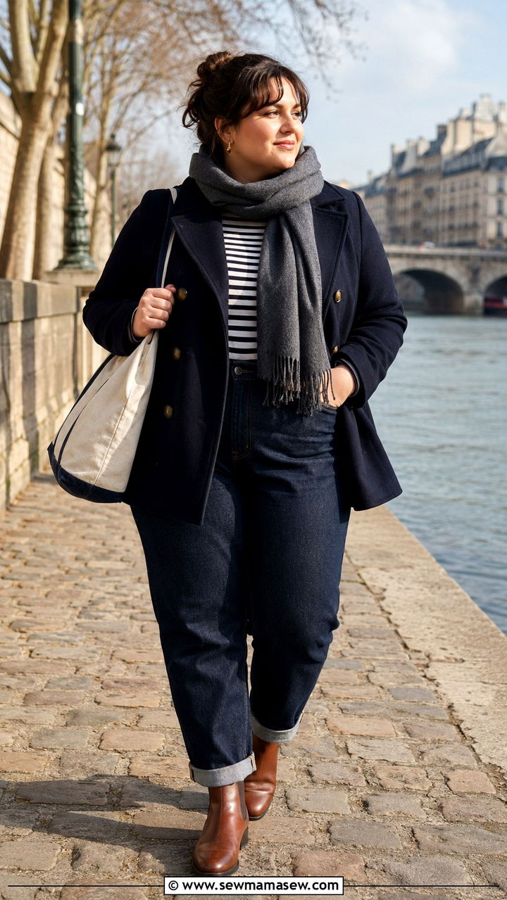 Plus Size Navy Pea Coat with Breton Top and Dark Denim - 30 Parisian outfits plus size
