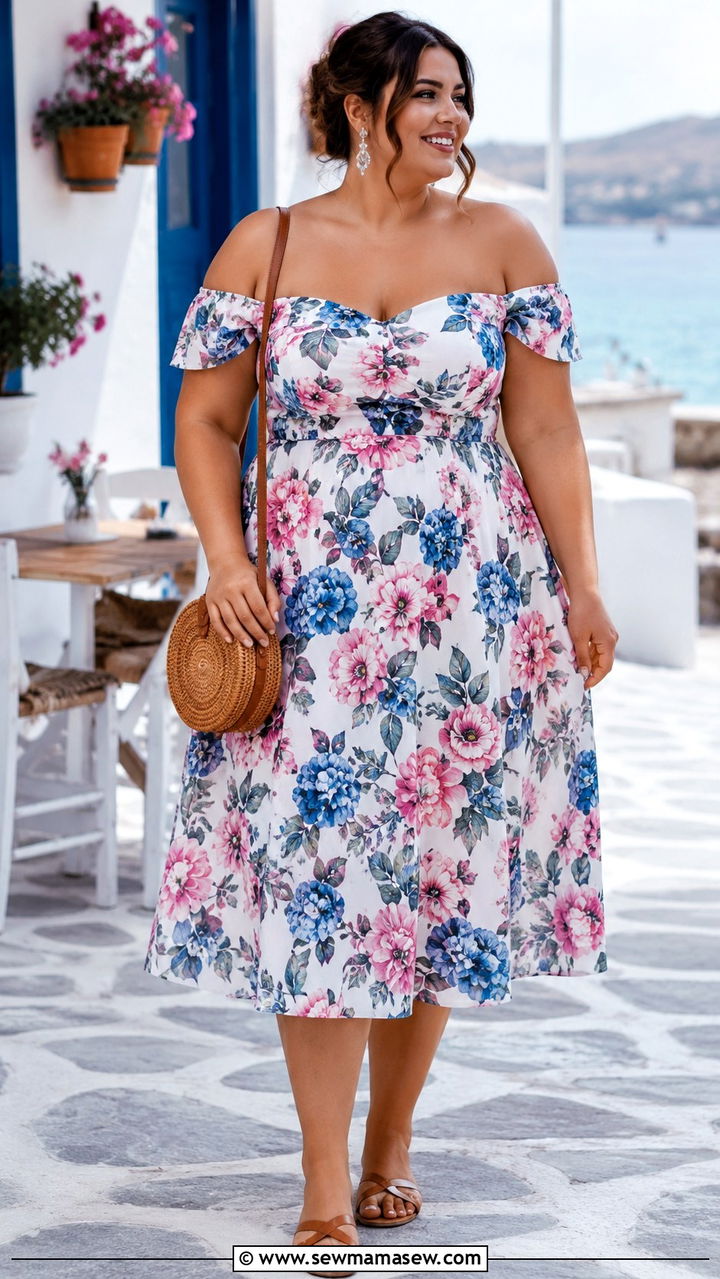 Plus Size Off Shoulder Floral Midi Dress Outfit - 30 Plus size beach outfits