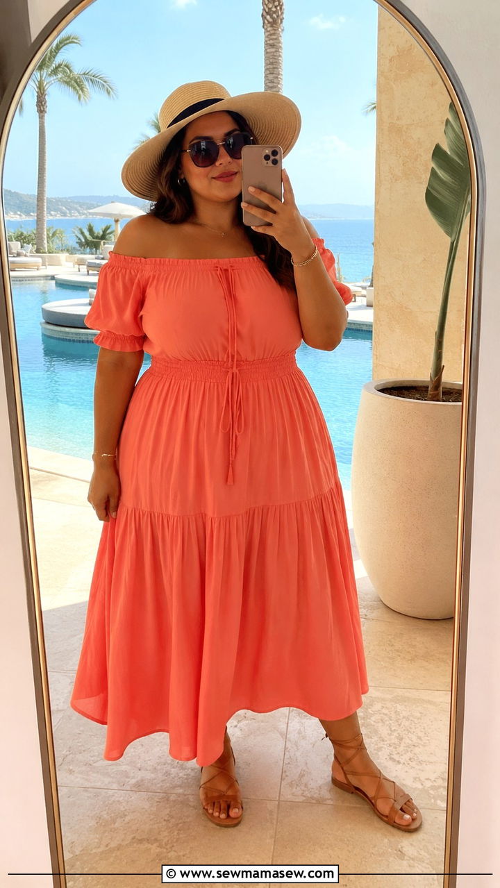 Plus Size Off Shoulder Maxi Dress with Wide Brim Hat Outfit - 30 Resort wear outfit ideas plus size
