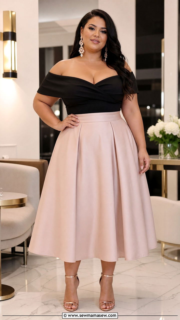 Plus Size Off Shoulder Top and High Waisted Skirt Outfit - 25 Plus size outfit ideas for 12-14