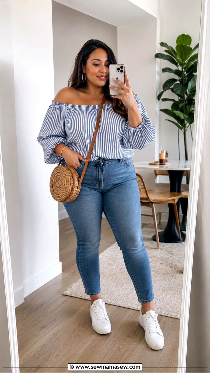 Plus Size Off Shoulder Top and Jeans Outfit - 30 Plus size outfit ideas summer 2026