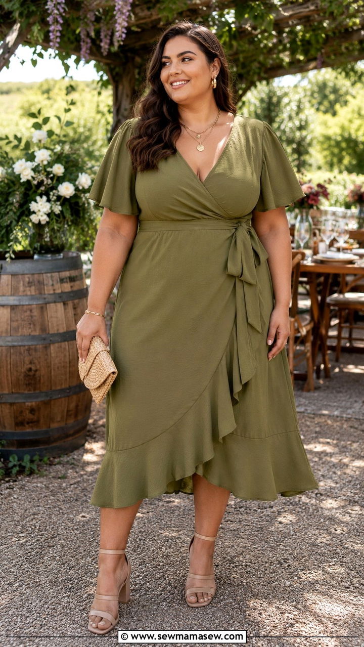 Plus Size Olive Green Wrap Dress With Heels - 30 Plus size outfit ideas for brunch