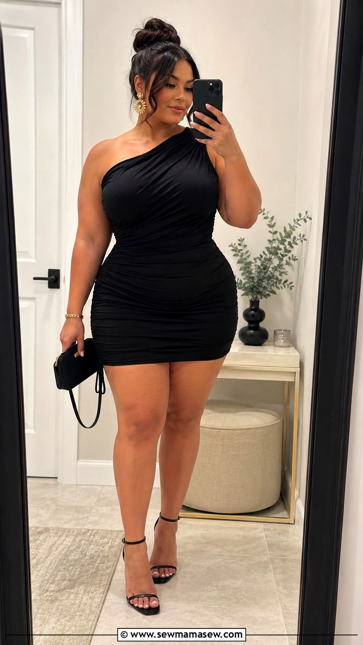 Plus Size One Shoulder Mini Dress - 30 plus size girls night out outfit ideas