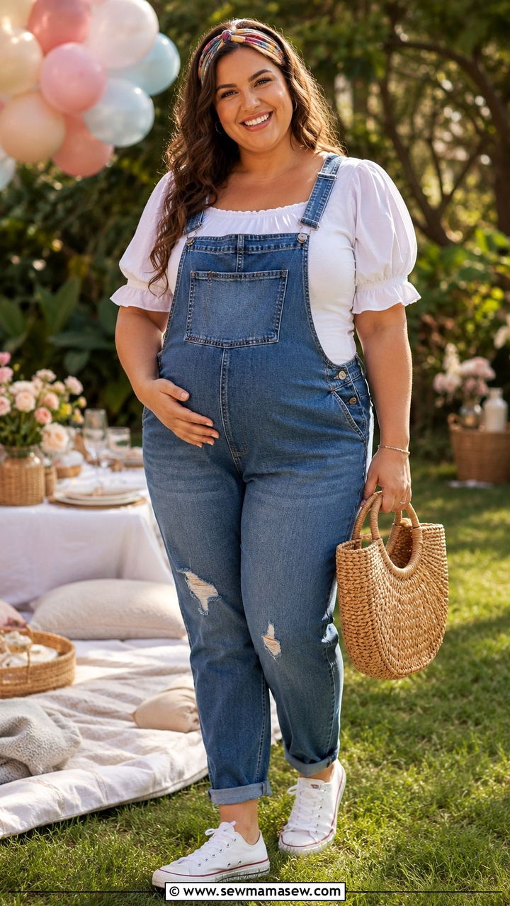 Plus Size Overalls Puff Sleeve Top Baby Shower Outfit - 30 plus size baby shower outfit ideas