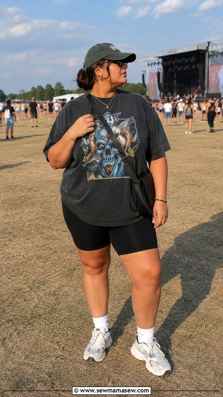Plus Size Oversized Band Tee And Biker Shorts Concert Outfit - 30 Plus size outfit ideas for concert