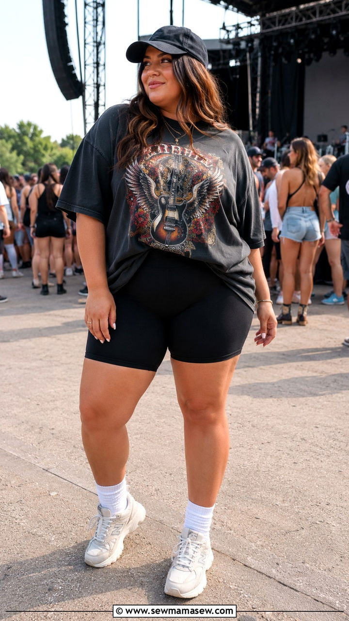 Plus Size Oversized Band Tee and Biker Shorts Outfit - 30 plus size summer concert outfit ideas