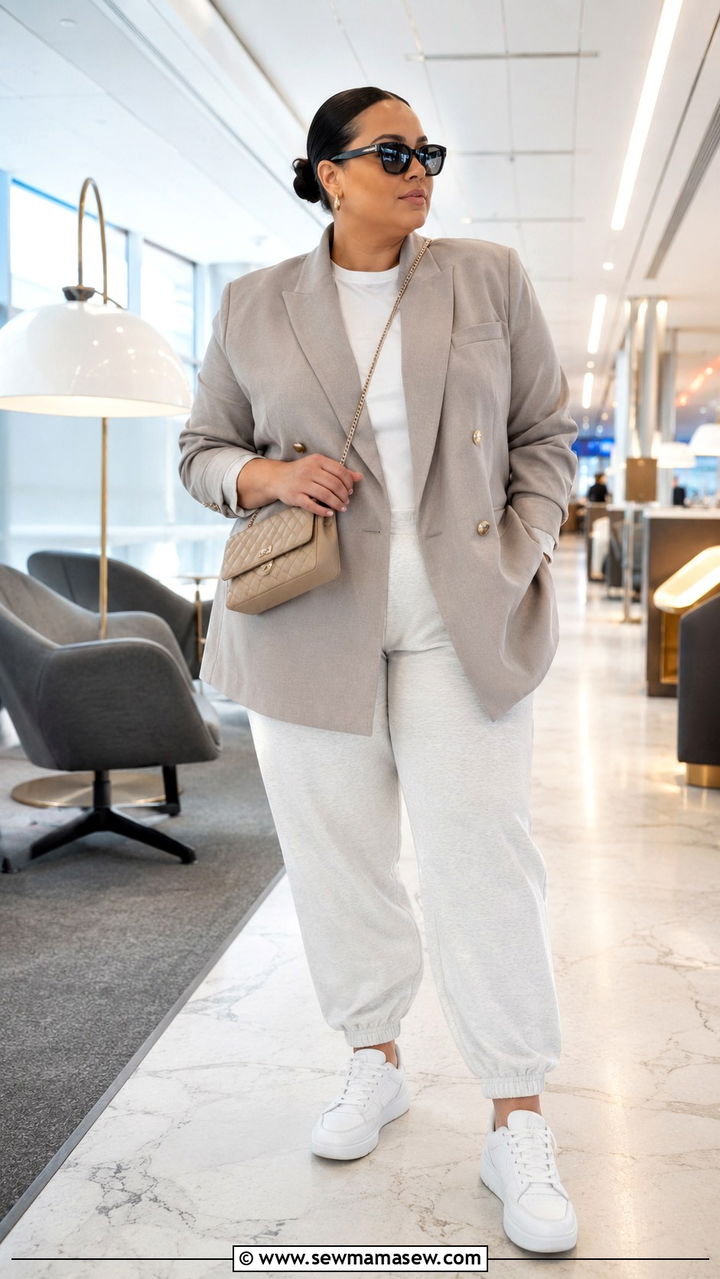 Plus Size Oversized Blazer With Joggers and Sneakers - 30 Plus size airport outfit ideas