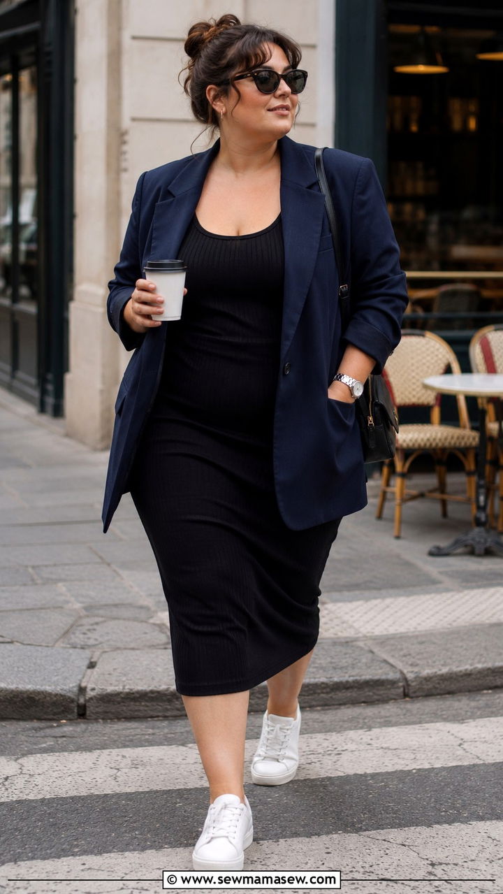 Plus Size Oversized Blazer with Tank Dress and Sneakers - 30 Parisian outfits plus size