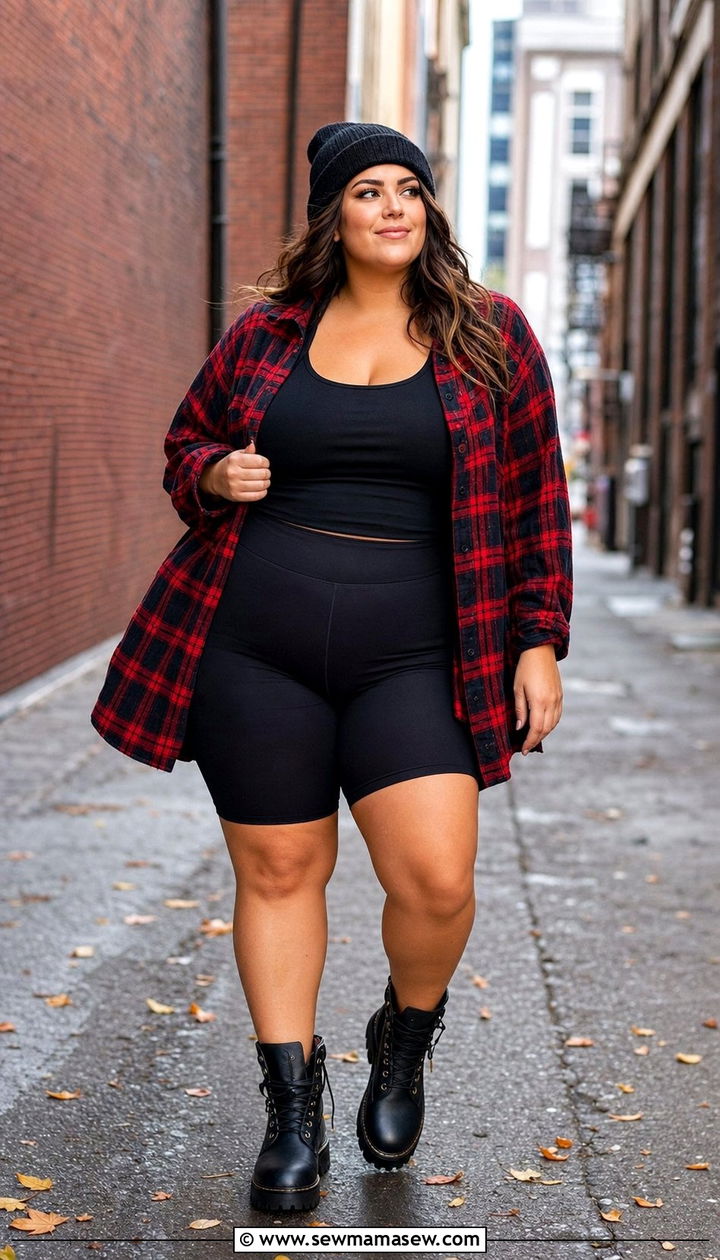 Plus Size Oversized Flannel and Biker Shorts - 25 Sporty chic outfit ideas plus size