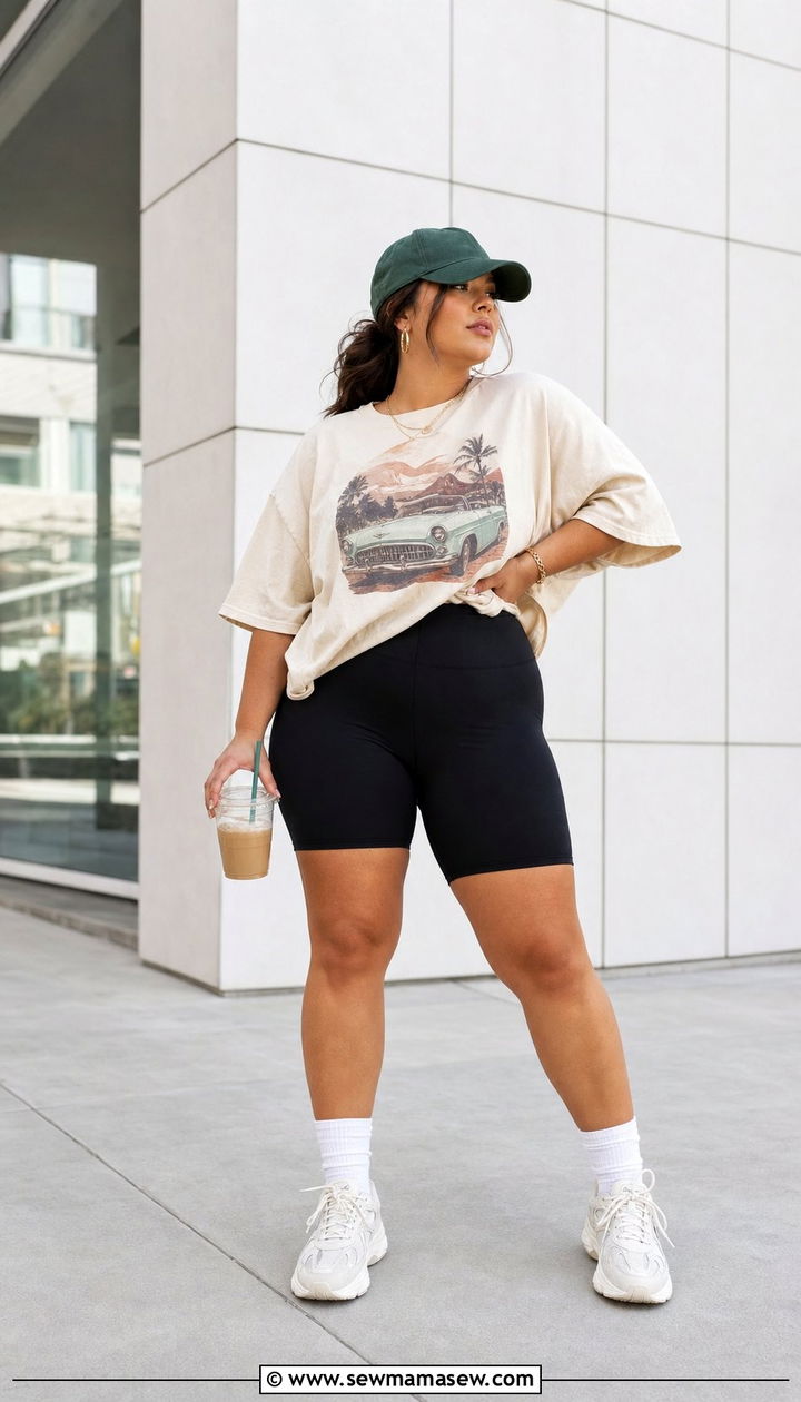Plus Size Oversized Graphic Tee and Biker Shorts - 25 Sporty chic outfit ideas plus size