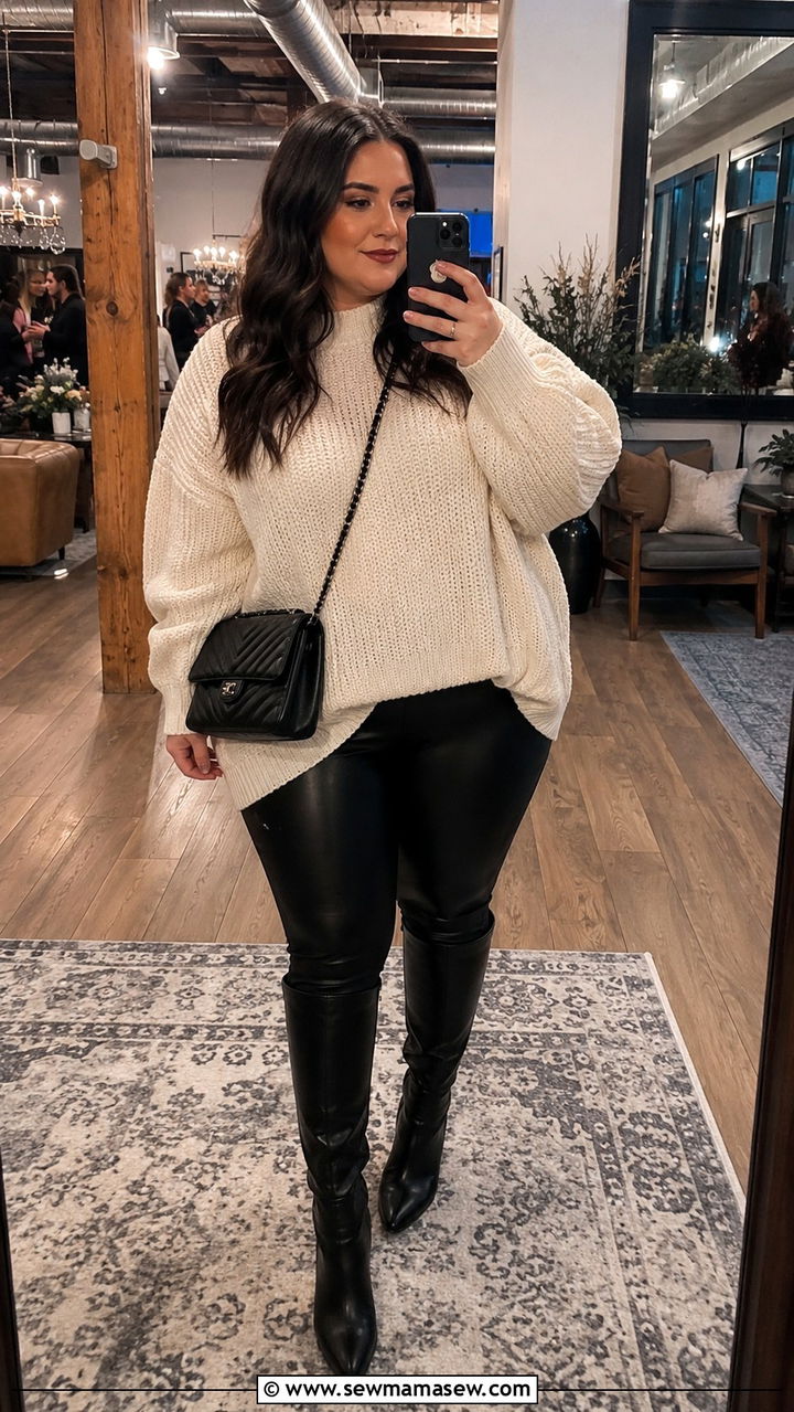 Plus Size Oversized Sweater And Leather Leggings Concert Outfit - 30 Plus size outfit ideas for concert
