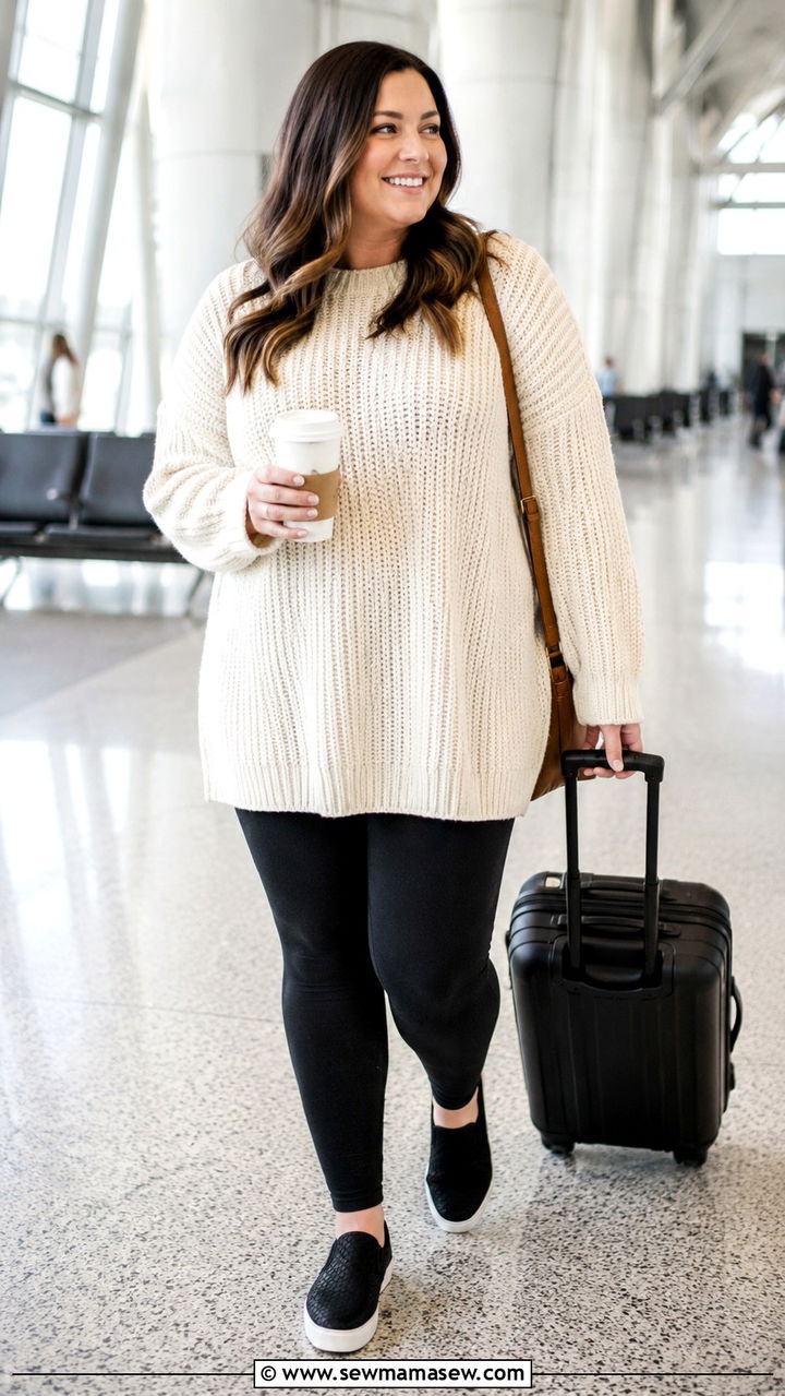 Plus Size Oversized Sweater With Leggings and Slip On Shoes - 30 Plus size airport outfit ideas