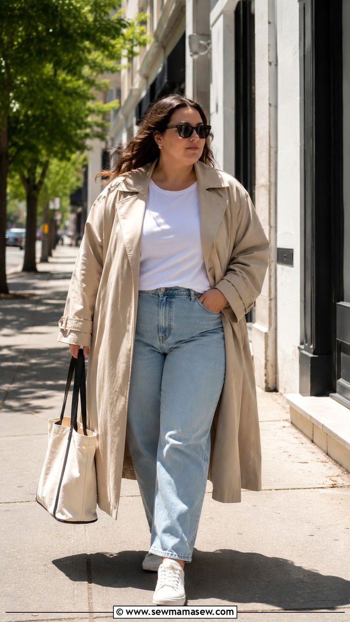 Plus Size Oversized Trench Coat With Sneakers - 30 Plus size outfit ideas with trench coat